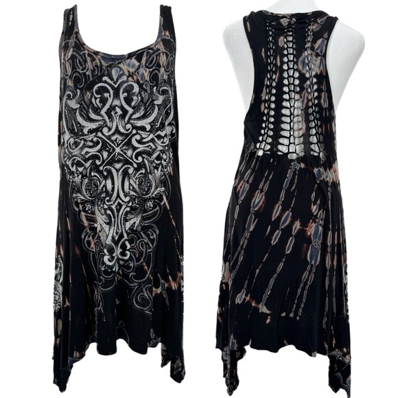 Vocal Dresses & Skirts - Vocal Y2K Goth Mini Dress L Tie Dye Crochet Indie Edgy Rhinestone Asymmetric USA